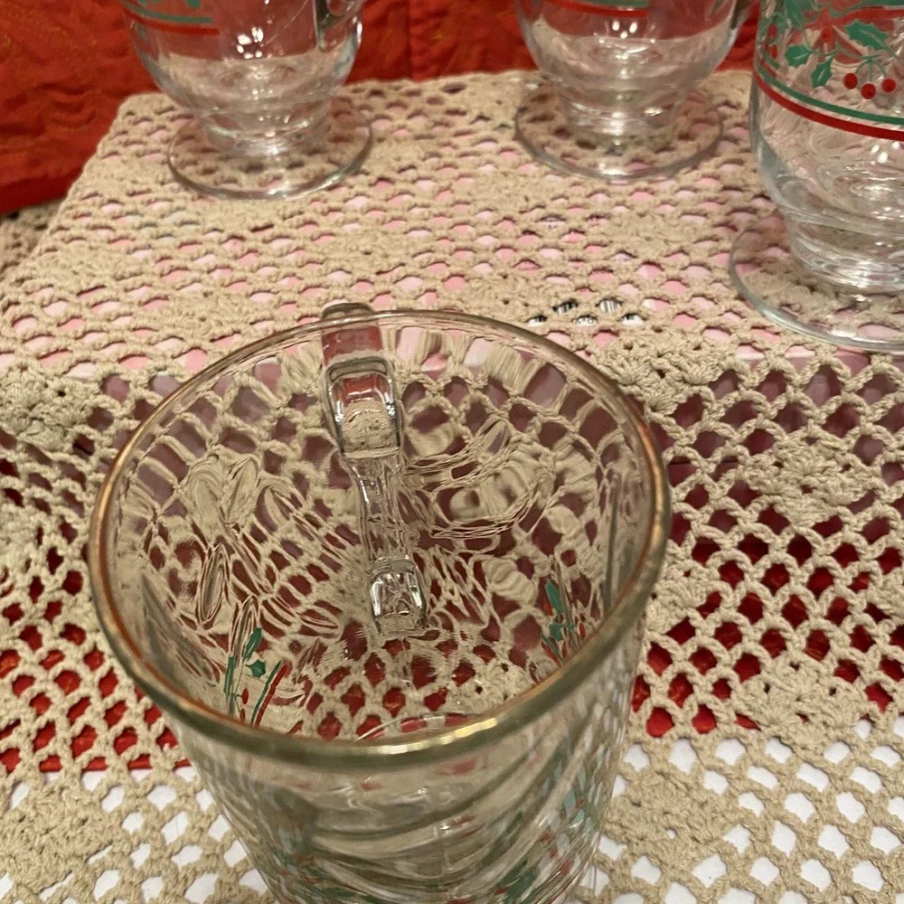 Libbey Christmas Holly and Ribbon Irish Coffee or Tea‎ Glass Mug Cup Set of 5